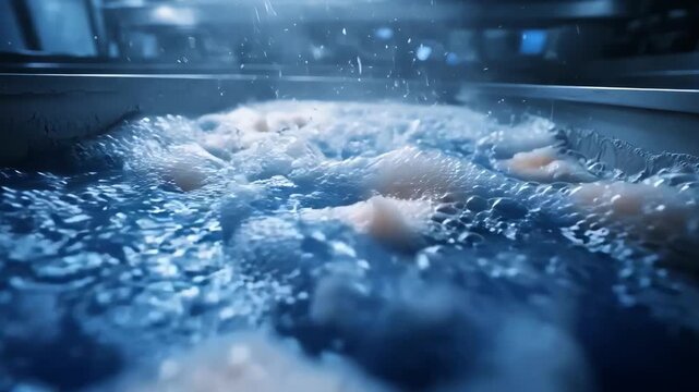 Medium shot capturing waterbased highpressure processing in action highlighting submerged food products undergoing nonthermal pasteurization for enhanced freshness retention.