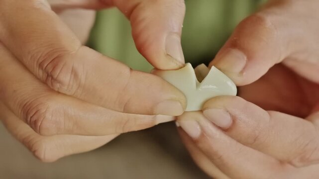 Two hands splitting a peeled boiled quail egg in half to reveal the yellow yolk part inside