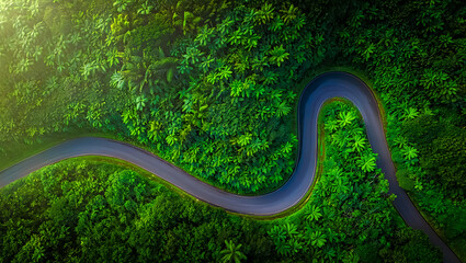 Fototapeta premium A top-down aerial shot of a winding road through a lush green forest, creating an S-curve shape.