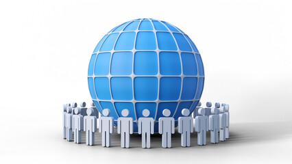 A circle of human or people symbols arranged around the world globe isolated. Global network concept. Human resources, HR, employee, recruitment, job, manager, hiring, and senior management.