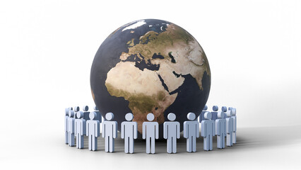 A circle of human or people symbols arranged around the world globe isolated. Global network concept. Human resources, HR, employee, recruitment, job, manager, hiring, and senior management.