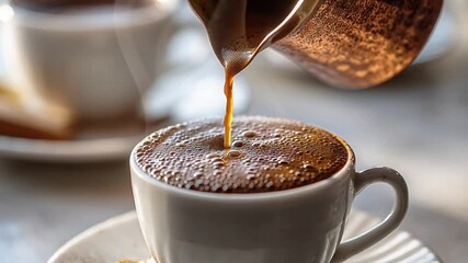A coffee being poured into a white cup on a saucer, capturing the moment with a close-up photograph. - Powered by Adobe