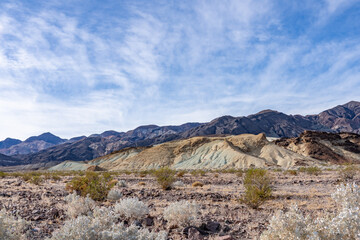 Death Valley National Park, Inyo County, California. Black Mountains (Amargosa Range System). Artist Drive Formation with Alluvial deposits near Ryan (former mining community). Furnace Creek Wash Road