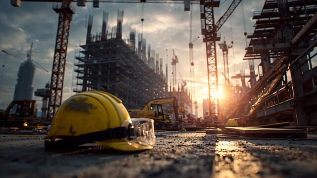 A bright yellow hard hat with headlamp lies on the ground at a construction site during sunset.