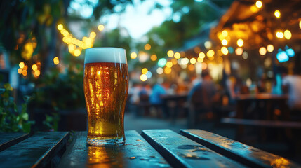 Frosty beer mug with a foamy head sitting on a wooden table, enjoying the evening atmosphere of an outdoor bar patio lit by warm bokeh string lights