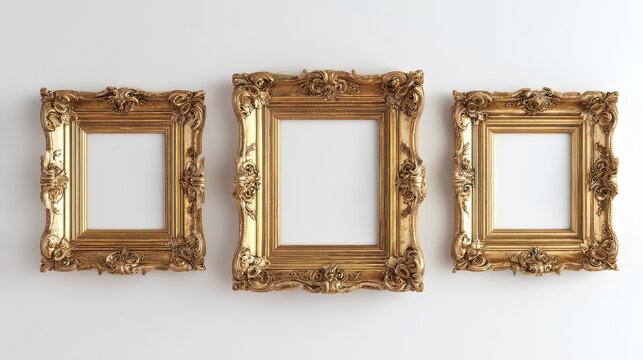 three gold ornate frames mockup elegant interior design empty frames wall decor keywords frames mockup