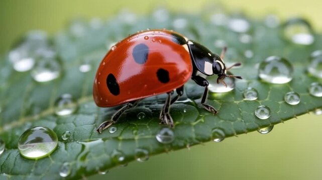 Vibrant red ladybug with black spots perching on a fresh green leaf adorned with sparkling dew drops for a delicate natural ecosystem concept and detailed macro view