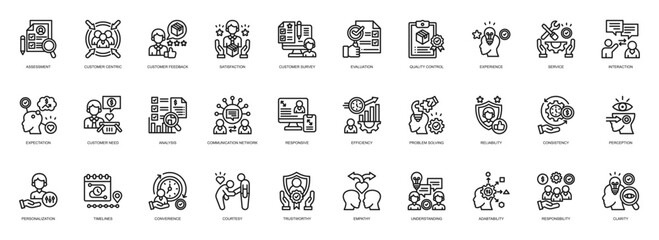 Customer assessment icon collection line style. containing assessment, customer centric, feedback, satisfaction, customer, survey, evaluation, quality control