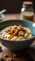 Bowl of warm oatmeal porridge with honey drizzle and walnuts on a rustic wooden table