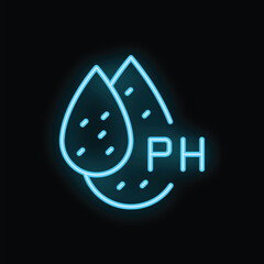 Blue neon icon of two water drops representing ph level on a black background