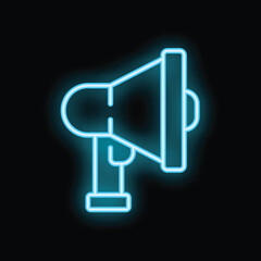 Neon blue megaphone glowing against a black background, representing concepts like communication and making announcements