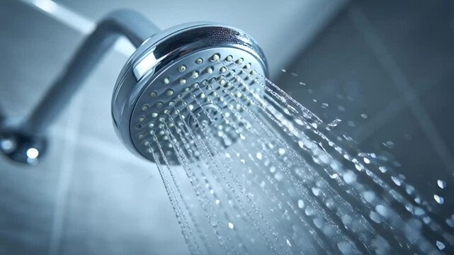 Dynamic shower head with water flowing down from it, captured from below in a bathroom setting photograph.