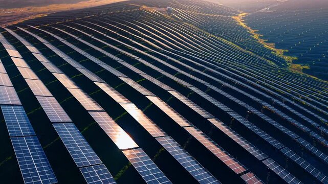 Solar panels align in rows on green hills under bright sunlight. Workers and machinery move around the area, maintaining the solar farm's operations.