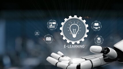 A robotic hand showcases various e-learning symbols, highlighting the integration of technology and education. Ideal for concepts around digital learning innovation. Synapse - Powered by Adobe