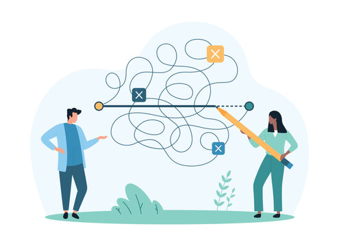 Easy and shortcut way to solve business problem. Tiny people draw straight line between two points with pencil, choose simplicity, simplify difficult complex route cartoon vector illustration