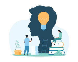 Skills training and creative thinking development through knowledge and education. Tiny people study with books and boost brain growth, light bulb inside human head cartoon vector illustration