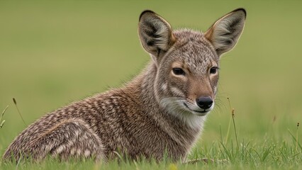 Fototapeta premium Alert deer resting in lush green meadow with perked up ears