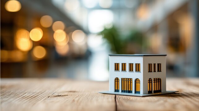 modern miniature building model on wooden surface with blurred background indoor