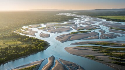 Aerial View of a Braided River System at Sunrise.