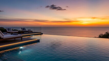 Infinity pool overlooking the ocean at sunset with lounge chairs and vibrant sky twilight