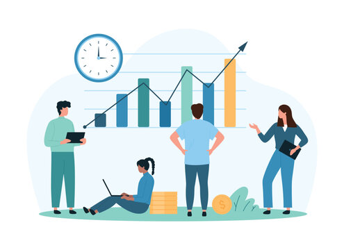Financial research of stock market graph and profit growth, analysis of success sales and income. Tiny people work with digital report, chart arrow for money investment cartoon vector illustration