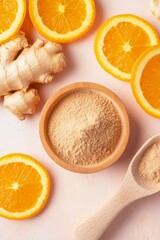 Healthy Immunity Boost Concept with Ginger Powder and Spoon on Pastel