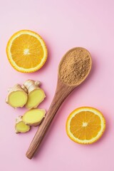 Organic Skincare Ingredient Concept with Fine Ginger Powder and Fresh Citrus
