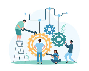 System of machines settings, hardware configuration. Tiny people of professional technical maintenance service repair gears and cogwheels of engine mechanism with wrench cartoon vector illustration