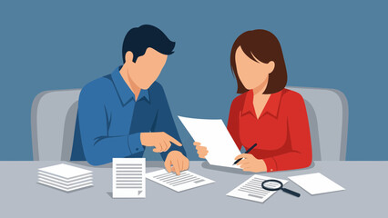 Businessman and businesswoman reviewing documents at office desk