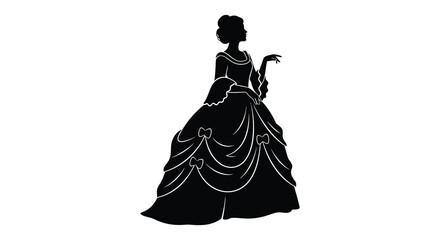 Elegant woman in a historical gown detailed dress design black and white striking silhouette