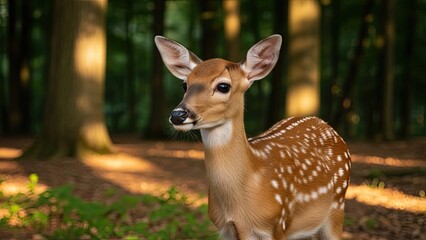 Adorable young deer with white spots on fur in forest