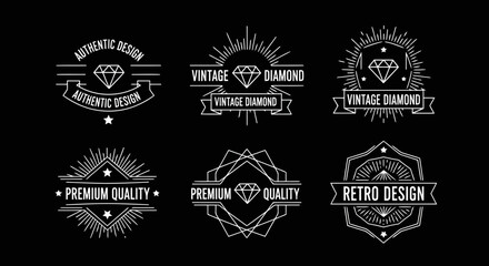 Set of six vintage diamond logos with different designs and styles, including premium quality and retro design