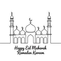 Happy Eid Mubarak Ramadan Kareem Islamic Mosque Line Art Vector