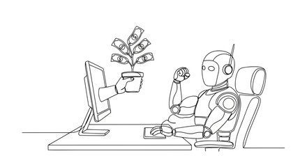 Robot working at a desk with a computer, plant, and headphones, illustration