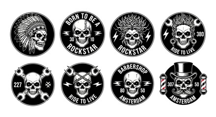 Naklejka premium Collection of nine circular stickers featuring skull designs with various rockstar and motorcycle themes