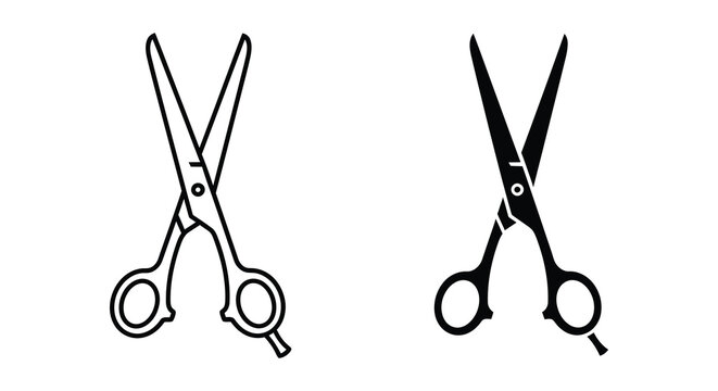 Two pairs of open scissors depicted in a simple black and white outline silhouette