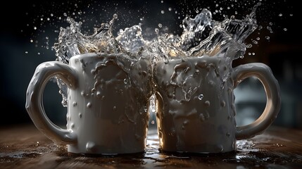 Clinking mugs in kitchen close-up