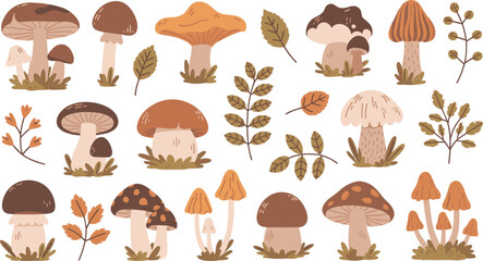 Autumn Mushroom Illustration Set with Forest Fungi Leaves and Botanical Elements Flat Vector Design