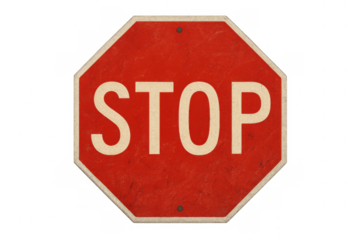 Vintage octagonal stop sign with weathered red surface and yellow border, conveying warning, regulation, and road safety, on transparent background