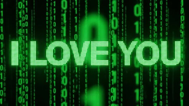 Green digital display with the phrase "I LOVE YOU" in bright pixels, surrounded by flowing binary code, showcasing a zoom in effect emphasizing love in a tech-inspired scene