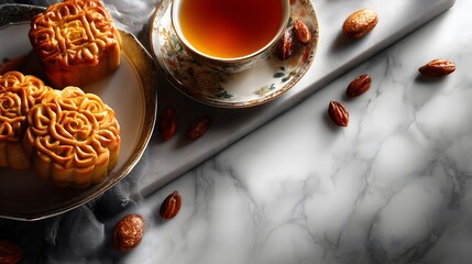 Mooncake tea flat lay marble table
