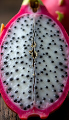 Macro shot of fresh sliced dragonfruit with vibrant pink skin and black seeds.