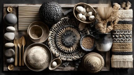 Woven textiles and ceramics flat lay