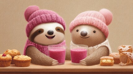 Naklejka premium Two adorable sloths wearing pink knitted hats and sweaters, sharing pink smoothies and pastries