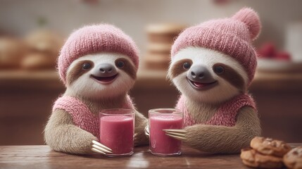Naklejka premium Two cute sloths wearing pink beanies and sweaters, happily drinking pink beverages