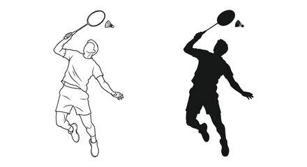 Two badminton players in action one detailed and one presented as a striking silhouette