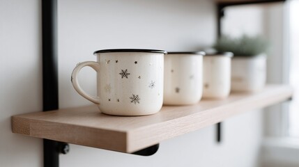 Cozy winter mugs with snowflake design on a wooden shelf