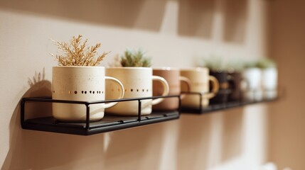 Row of decorative mugs with plants on a shelf against a neutral wall