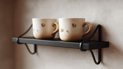 Two cozy mugs with festive holiday designs sit on a modern black shelf against a textured wall
