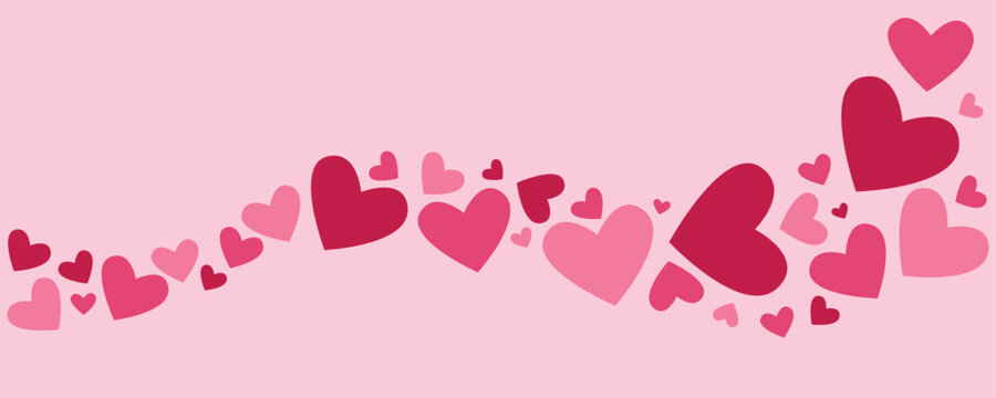 Cute flowing hearts border on soft pink background. Romantic love wave made of heart shapes for Valentine&rsquo;s Day cards, banners and social media designs. Flat vector illustration.